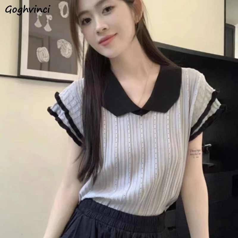 

Short Sleeve Pullovers Women Hollow Out Designed Korean Style Sweet Peter Pan Collar New Summer Aesthetic Female Clothes Cropped