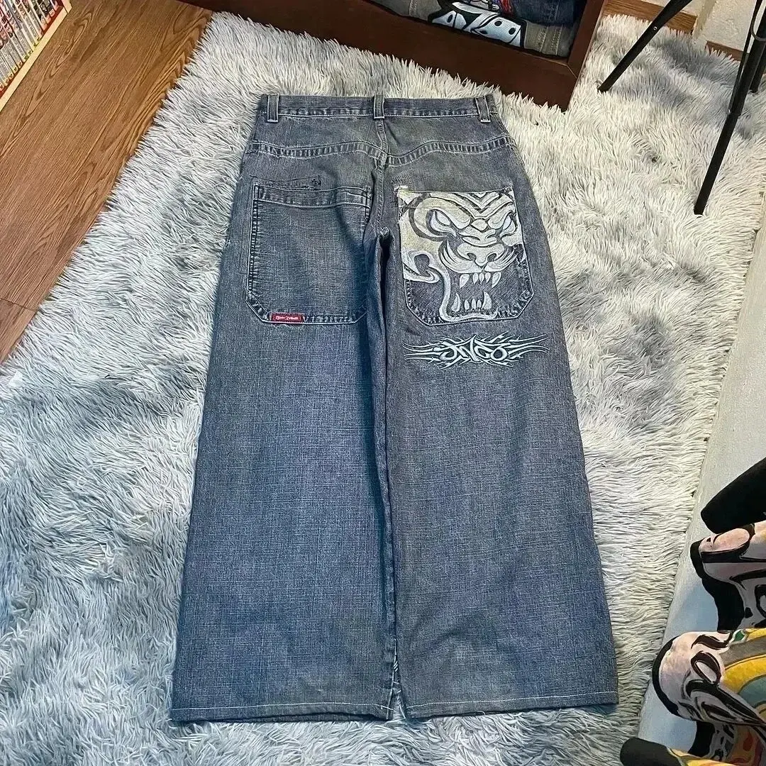 JNCO 하라주쿠 힙합 레터 자수 청바지, 빈티지 헐렁한 청바지, 데님 바지, 고스 하이웨이스트 와이드 팬츠, Y2K, 신상 