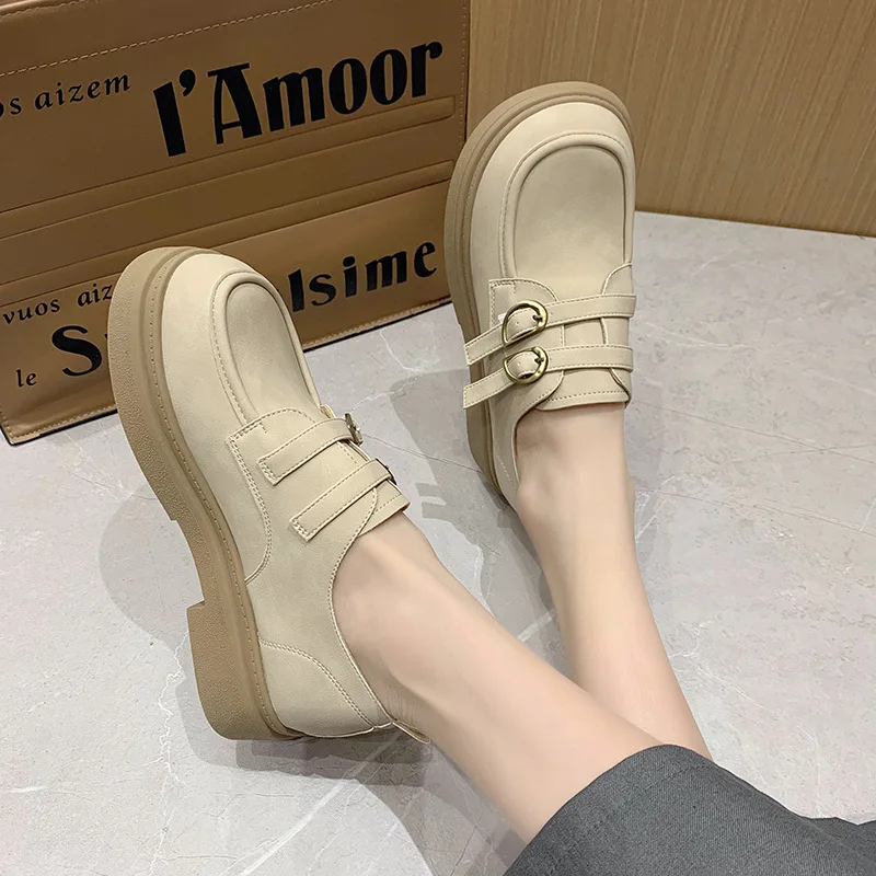 

2025 Spring New Retro Chunky Heel Comfortable Thick Sole Commuter College Loafers Round Toe Leather Shoes