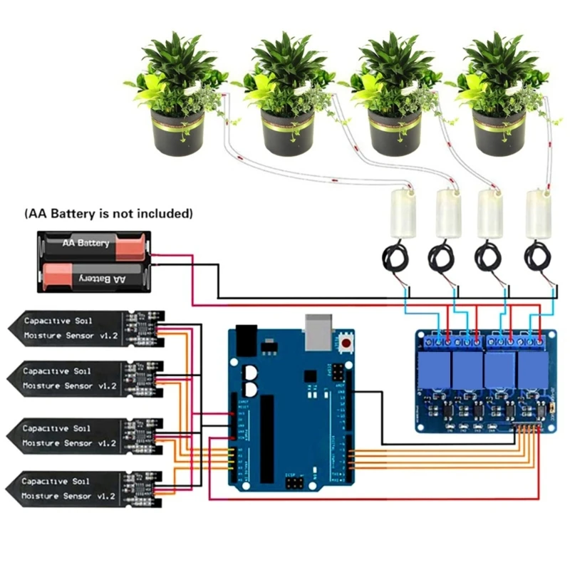 Sistema de irrigação automática de 4 vias, dc5v, kit de rega automática, jardim, estufas, flor, bomba de água, sensor de umidade do solo