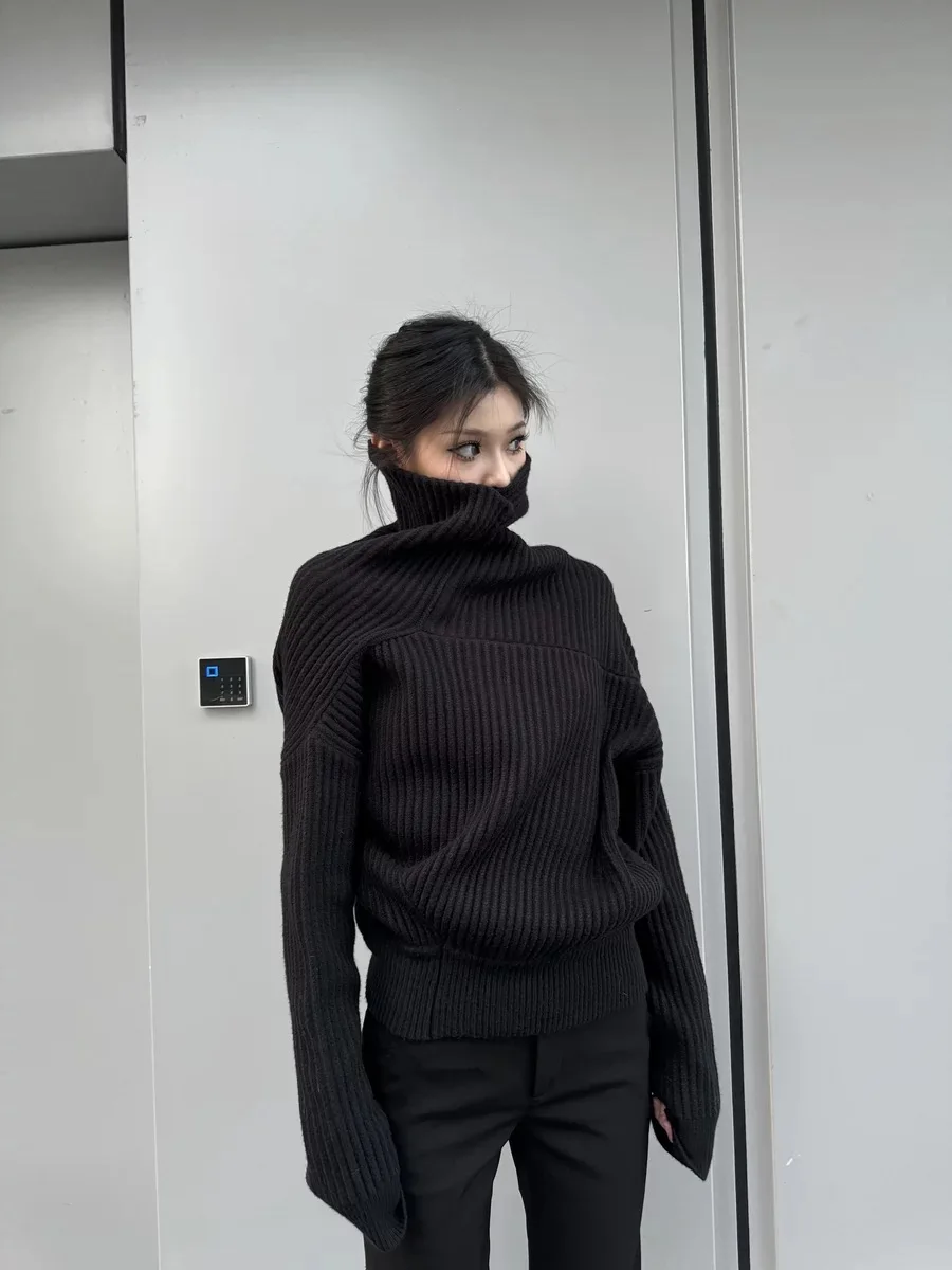 المرأة السوداء القوطية البلوز سترة Harajuku الجمالية Y2k طويلة الأكمام الياقة المدورة محبوك البلوزات خمر 2000s الملابس الخريف