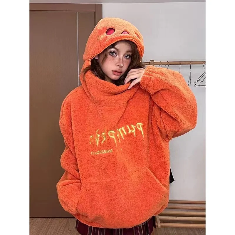 American Retro Pumpkin Head Hoodide For Men Women Winter Lamb Plush Orange Sweatshirt Loose Thickened Warm Couple Halloween Gift