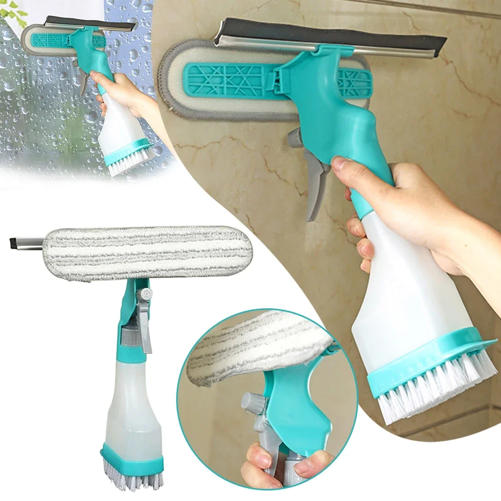 4 in 1 Spray Window Cleaning Brush,Multi-Functional Double-Sided Glass Squeegee Set,Non-Slip Handle Sponge Scrub for Mirror Door