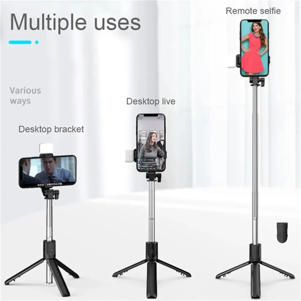 R1 Selfie Stick Support de téléphone portable, mini trépied portable rétractable avec obturateur à distance Bluetooth sans fil et lumière LED selfie