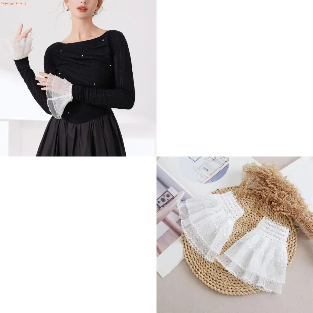 

Q5WE Embroidered Arm Sleeves Sheer Wrist Cuffs Arm Covers Female Sweater Decoration