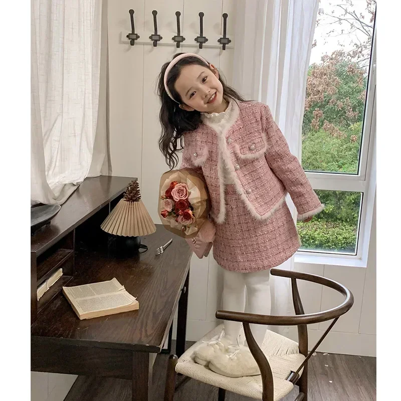 Spring Winter Girl Kids 2Pcs Tweed Clothes Sets Fashion Children Suits for 1-10Years Children's Cotton Padded Jacket Coat+Skirt