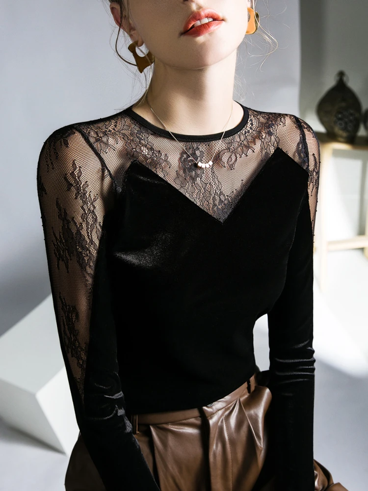 

Spring and Autumn Velvet Long Sleeve T-shirt Bottom Shirt Women's Perspective Sexy Lace Splicing French Top Oversized T Shirt