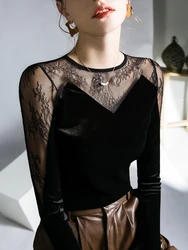 Spring and Autumn Velvet Long Sleeve T-shirt Bottom Shirt Women's Perspective Sexy Lace Splicing French Top Oversized T Shirt