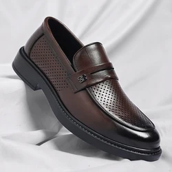 Summer New Perforated Leather Shoes for Adult Men's Business Thick Sole High Quality Casual Shoes Men Classic Brand Loafer Shoes