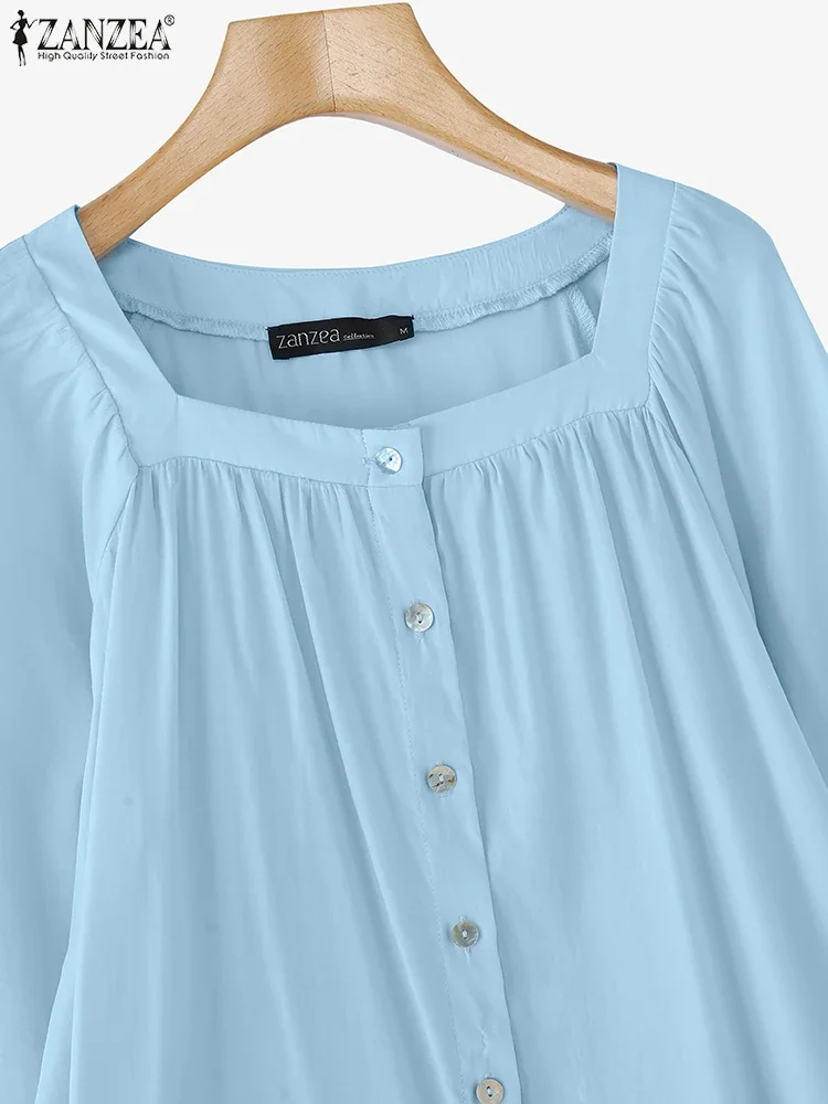 2025 ZANZEA ผู้หญิงเดี่ยว Breast Tops วันหยุดสีทึบเสื้อแฟชั่นฤดูร้อนแขนยาวจีบ Tunics Casual หลวม Blusas