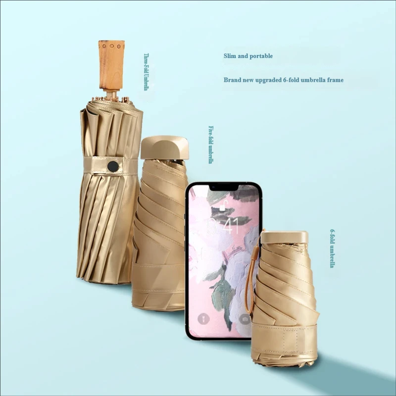 High-Value Printed Oil Painting Style Gold Glue Sun Umbrella, Flat Six-Fold, Ultra-Light, Portable & Compact, UV Protection Suns
