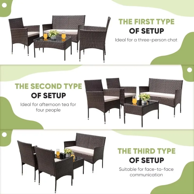 

Patio Furniture 4 Pieces Conversation Sets Outdoor Wicker Rattan Chairs Garden Backyard Balcony Porch Poolside loveseat