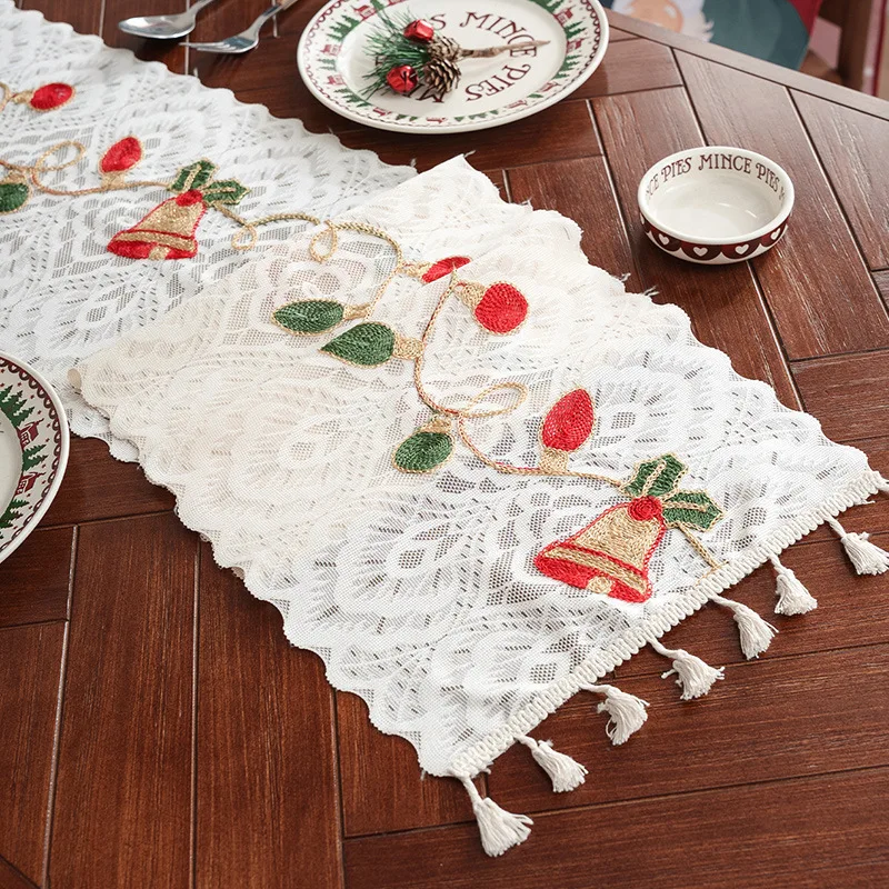 

Farmhouse table runner coffee table decor luxury vintage Embroidered for Kitchen Coffee Dining Table Rustic Lace Macrame