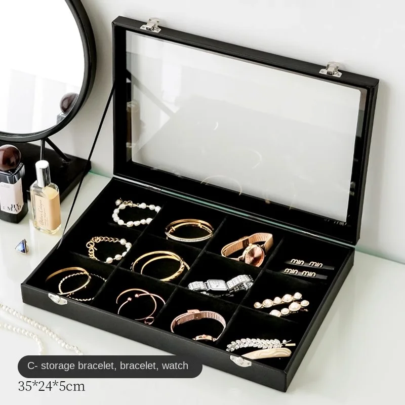 Stijlvolle zwarte sieradenopbergdoos voor oorbellen, kettingen, ringen, armbanden en andere accessoires met transparant glazen deksel