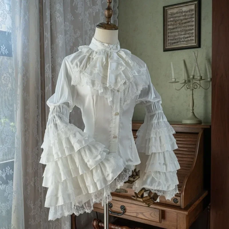 Moda pesada lolita camisa feminina rendas retalhos fungo alargamento manga blusas 2025 primavera outono novos topos de fundo mujer