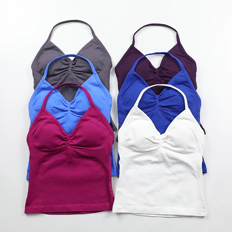 Impact Longline Strappy Top Women Seamless Yoga Tank Tops Scrunch Backless Gym Clothes Padded Workout Athletic Sleeveless Shirts