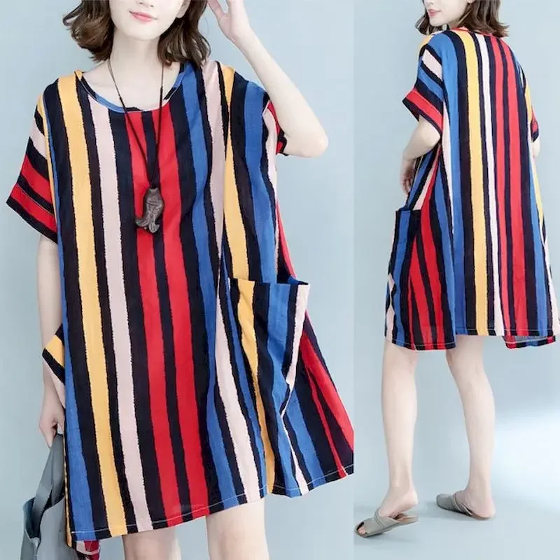 Robes en coton et lin pour femmes, mode t-shirt à rayures verticales, jupe d'été, protection solaire, décontractée, ample, manches courtes, robe surdimensionnée