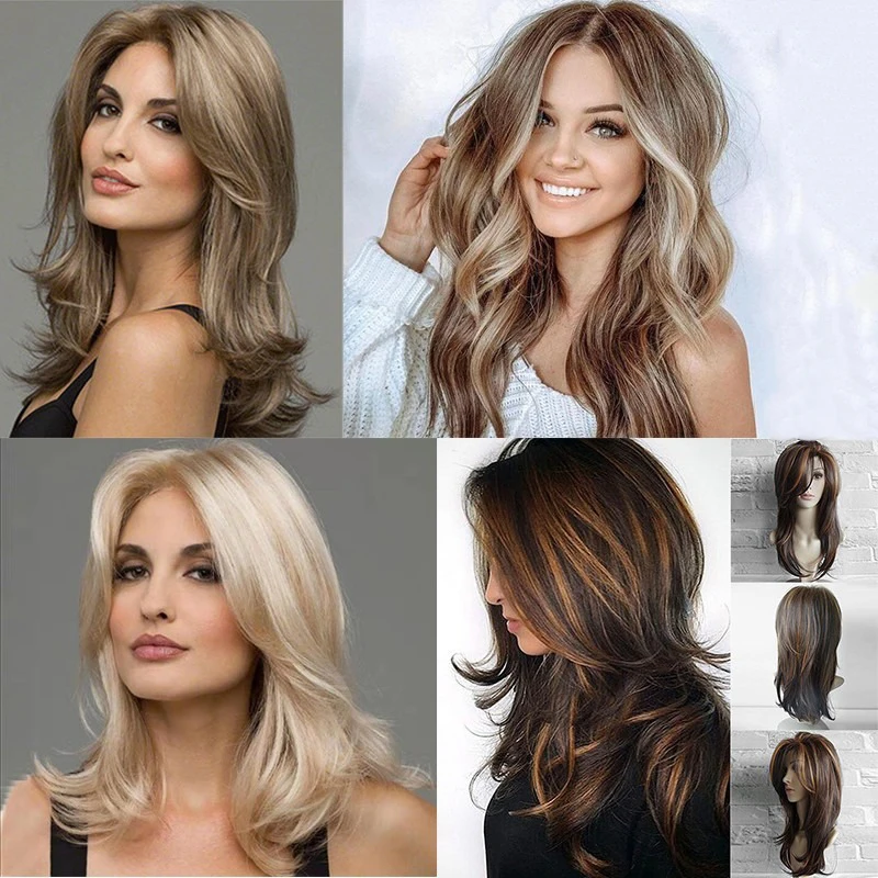 Euramerican Mode Frau lockiges langes Haar schwarz braun Gold Hochtemperatur-Seide simuliertes Haar Termin Festival Party Perücke