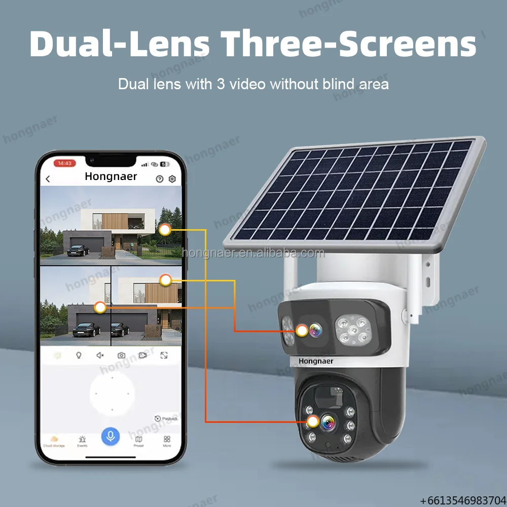 Hongnaer 6MP Eseecloud Solar Powered CCTV 5G WiFi 4G Sim Card Camera With 3 Screens Dual Lens AOV for Outdoor Home and Farm