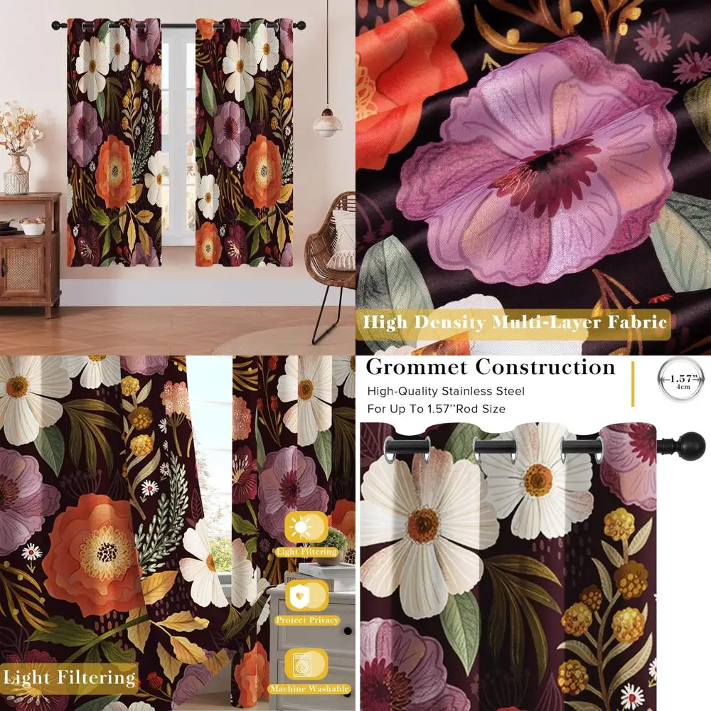 

Плотные шторы с богемным цветочным принтом, 52x63 для спален и гостиных, фиолетовые панели для столовой