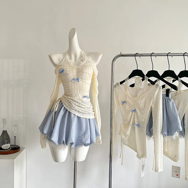 

Sweet Women's Suit 2025 Summer Fashion Halter Neck Tops Chic Mini Skirt Two-piece Set Fashion Female Clothes