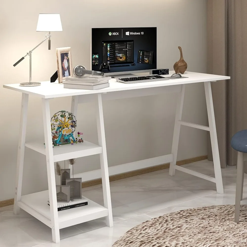 Mesa Branca com Prateleiras De Armazenamento Para Crianças, Mesa De Estudo, Mesa De Escrita, Escritório Em Casa, Computador, Estudante, Meninas, 2-Tier, 51"