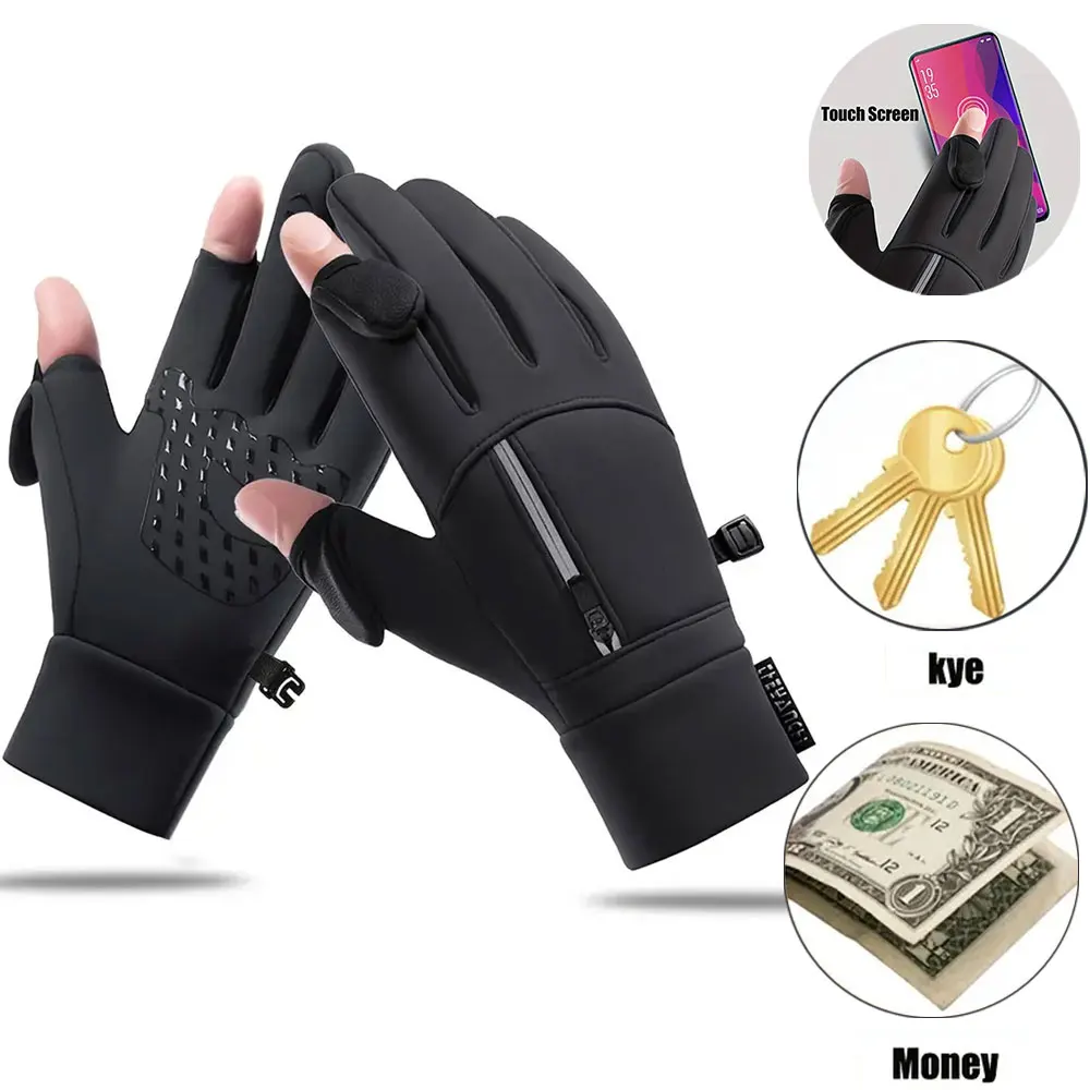 Windproof Anti-slip Flip Finger Gloves Touchscreen Winter Warm Gloves With Zipper Storage Pocket for Fishing Motorcycle