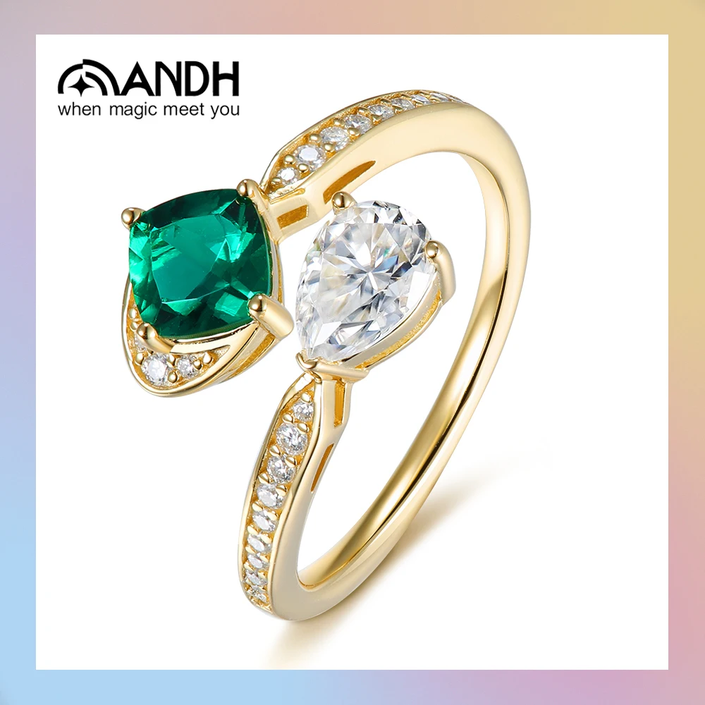 

ANDH Cultured Emeralds Moissanite Open Ring 925 Silver Plated with 14k Gold Lab-Gemstone Anniversary Wedding Engagement Jewelry