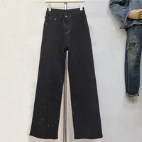 2025 nueva moda de verano pantalones vaqueros de mujer de cintura alta de un solo lado completo de diamantes de imitación negro recto pantalones vaqueros de pierna ancha