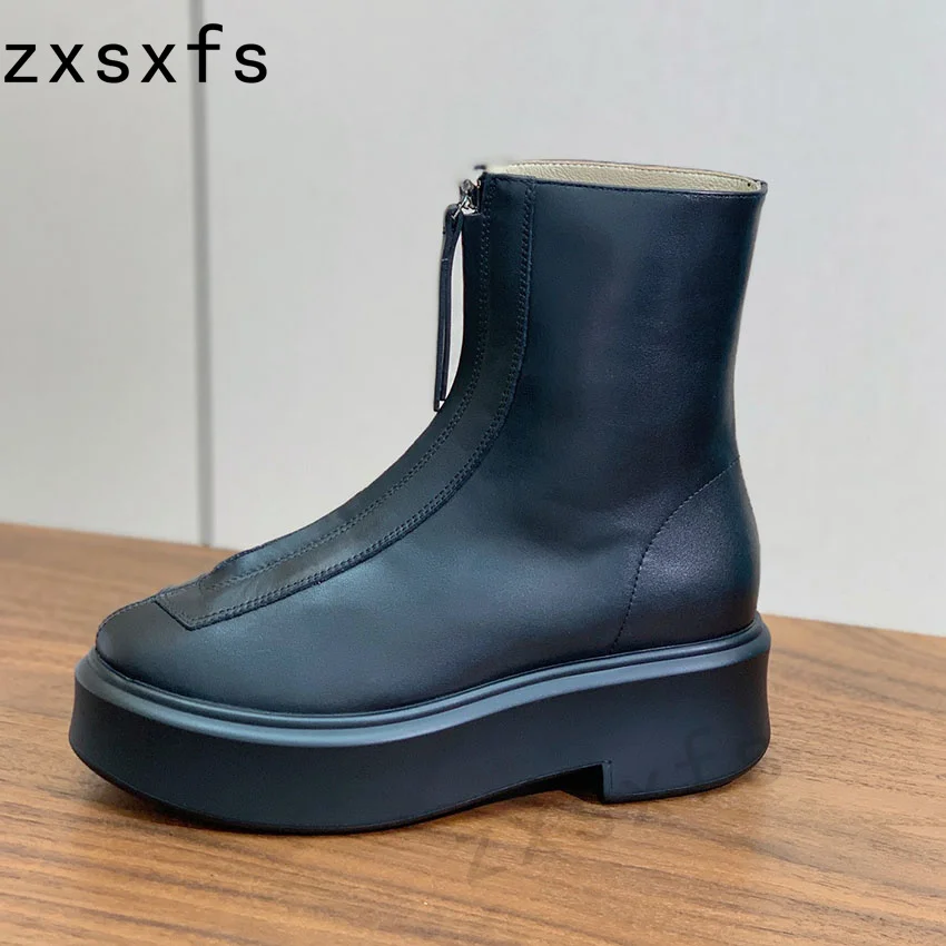 

Quality Leather Flat Platform Ankle Boots For Women Thick Sole Chelsea Boots Front Zipper Casual Shoes Motorcyle Boots Mujer