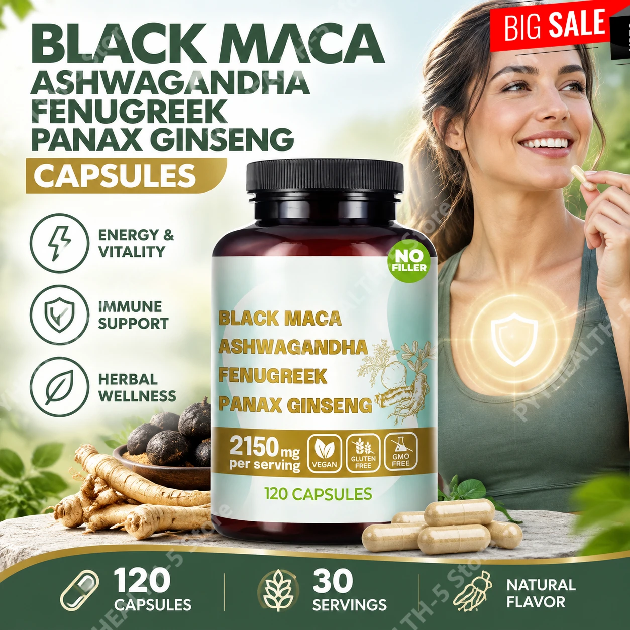 Black Maca Capsules with Ashwagandha, Fenugreek Panax Ginseng Supports Energy Stress Balance, Immune Wellness Vegan 120 Capsules
