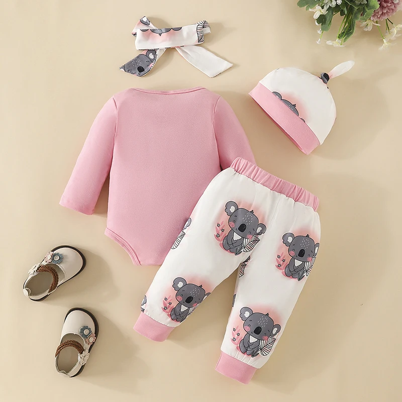 4PCS Baby Sets Newborn Baby Girl Clothes Long Sleeve Koala Prints Bodysuit Elastic Waist Pants 0-18 Months Infant Girl Costume