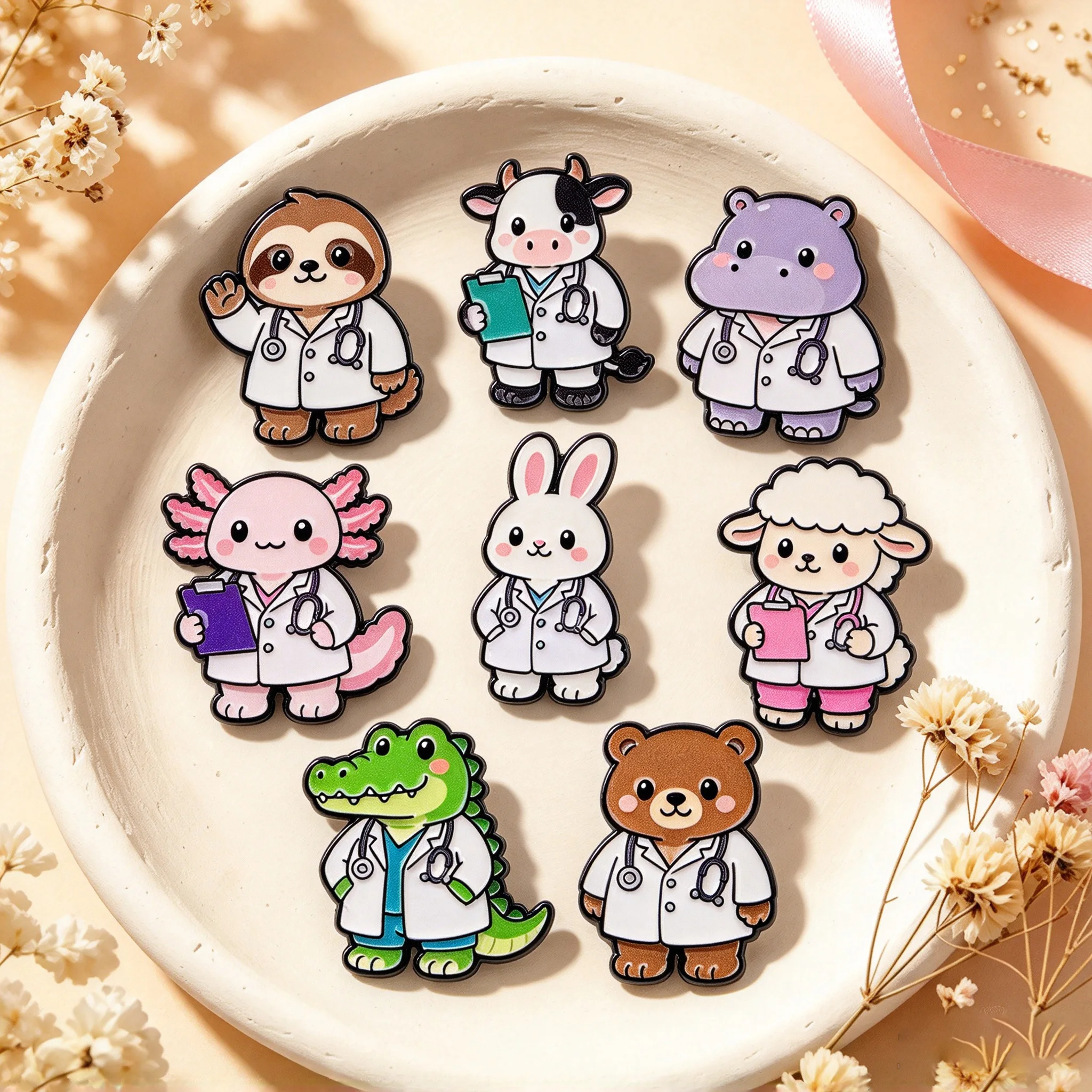 Kawaii Medical Animal Lapel Pins Sloth Cow Hippo Axolotl Rabbit for Backpacks Hats Clothes Bags Decors Accessories Gifts Friends