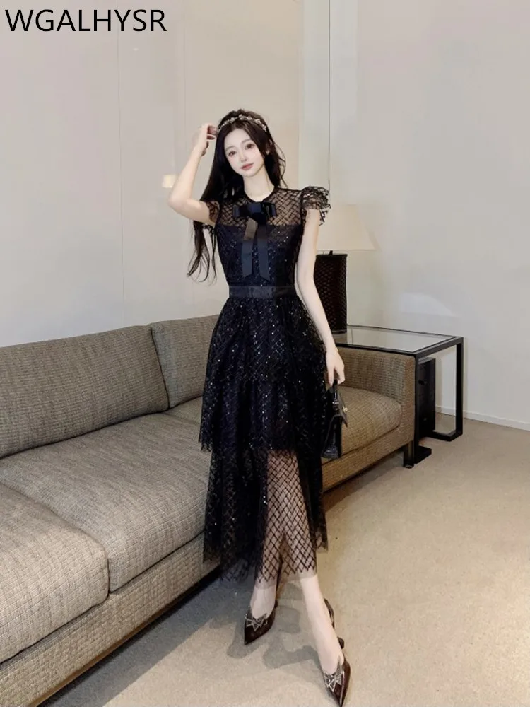 

High Quality Design Runway Summer Dresses Women's O-Neck Black Sequins Elegant Party Holiday Dresses Vestidos