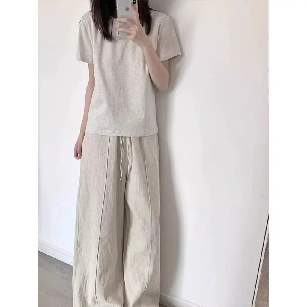 

Women's High-End Pure Color Milk White Gray T-Shirt Cotton Short-Sleeved round Neck Versatile Top for Summer Small People