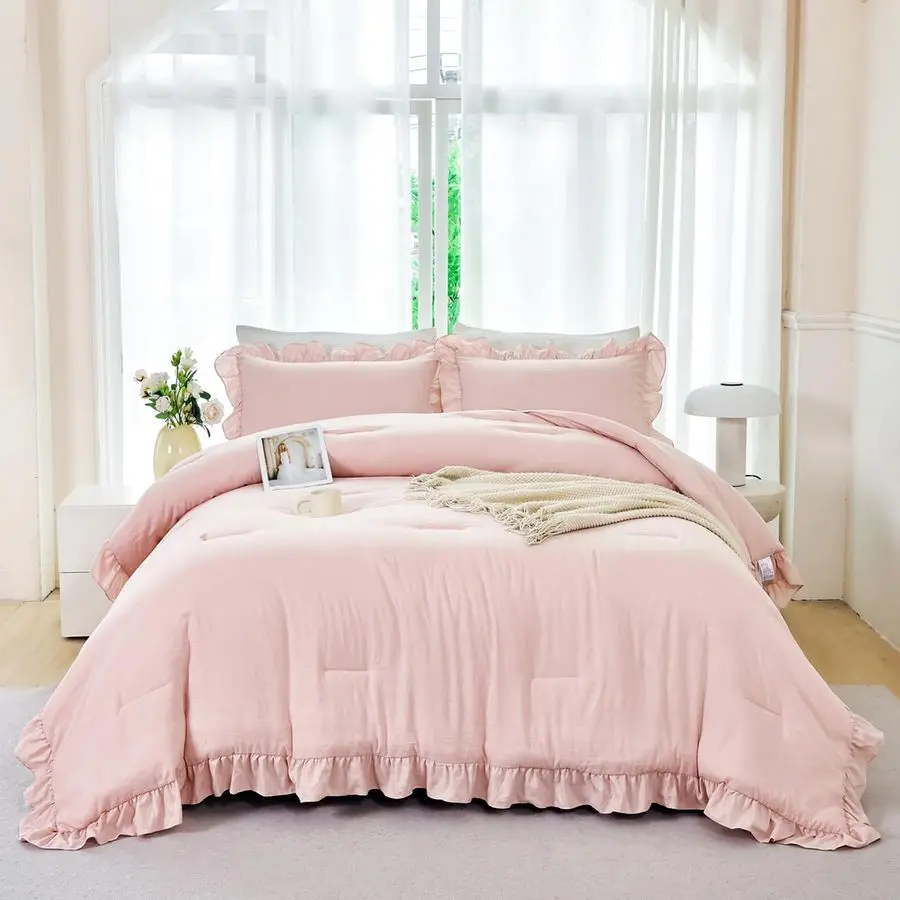 

Нежно-розовый комплект постельного белья Twin Size, 5 предметов, с оборками, в стиле Farmhouse, однотонный, мягкий и пушистый, для детей