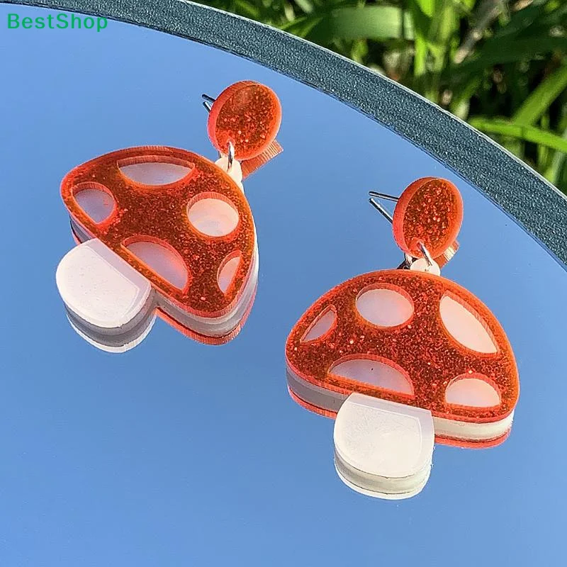 〔Z〕Acrylic Colorful Mushroom Shape Earrings Red Cute Exaggerated Jewelry Gift For Friends