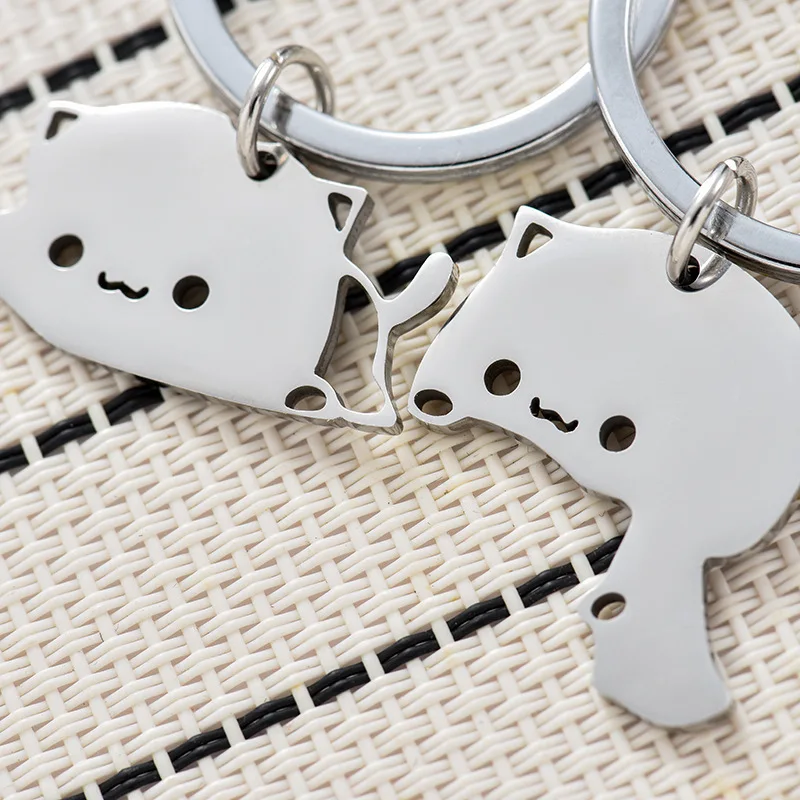 Cute Cartoon Cat Keychain Couple Lovers Stainless Steel Matching Keyring Lovely Pendant Key Chains Valentine\'s Day Gift Jewelry