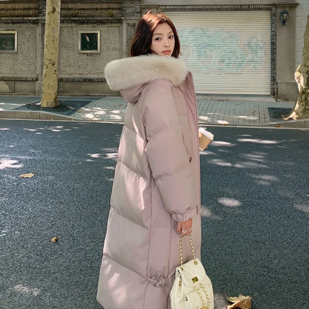 New Women's Elegant Hooded Winter Down Jacket, Thick Leather Collar, Korean Fashion Long Style, Casual Loose Warm Parker Coat