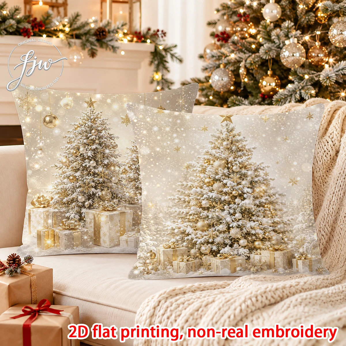2pcs Christmas Gold Snow Tree Throw Pillow Covers Winter Holiday Decor Cushion Cases