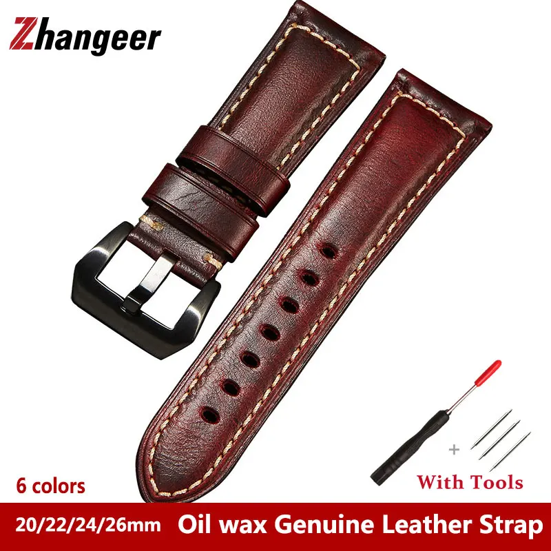 

20mm 22mm 24mm 26mm Vintage Oil Wax Leather Men'S Strap Pin Buckle High Quality Cowhide Watchband Watch Accessories Belt