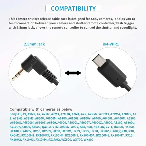 2 st/1 st 2,5 mm till S2 fjärrutlösarkabel, kompatibel med Sony A1, A9 II, A9, A7R V/IV, A7S III, A99 II, A7R II, etc. 12 best sales Sony A9 - №11