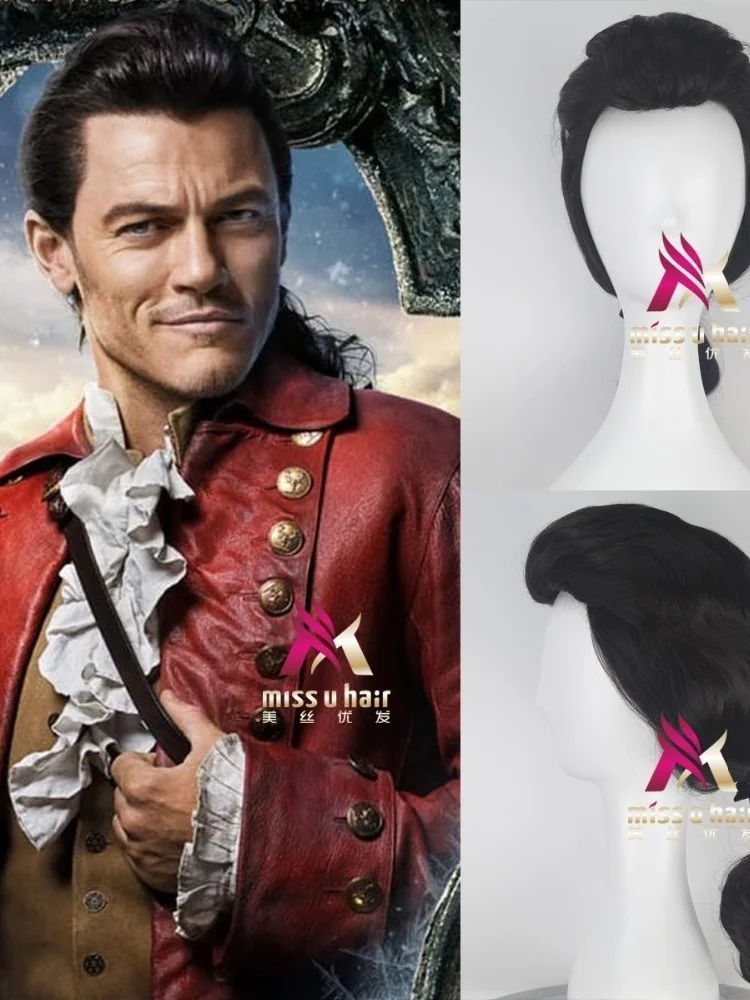 nuova parrucca Prince Gaston La Bella e la Bestia Parrucca corta nera Cosplay Gioco di ruolo di Halloween Capelli + berretto per parrucca