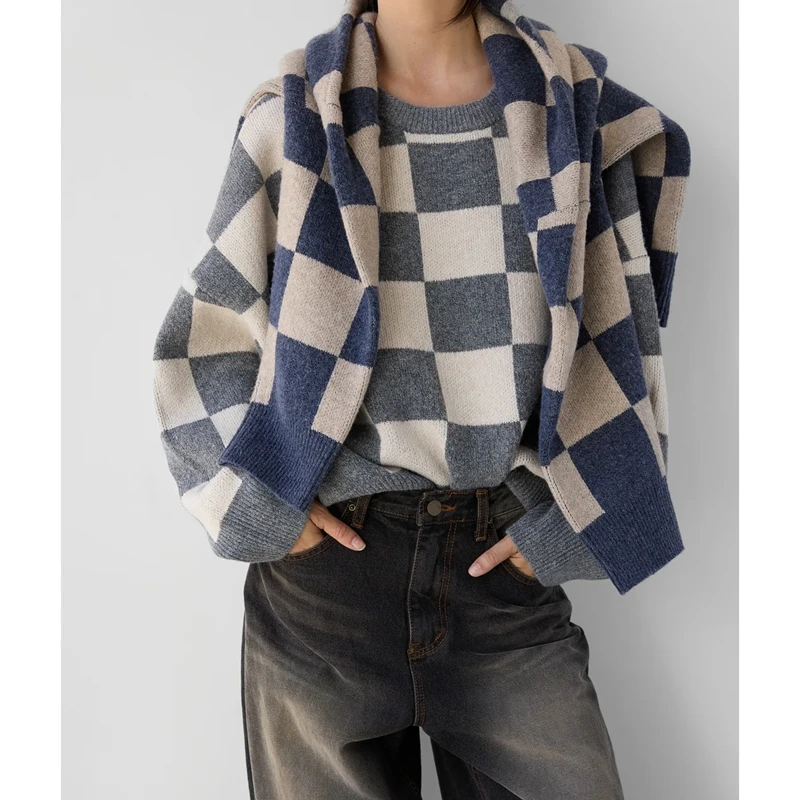 

Combhasaki Womens Checkered Argyle Knitwear Sweater Crewneck Oversized Batwing Long Sleeve Drop Shoulder Pullover Jumper Tops