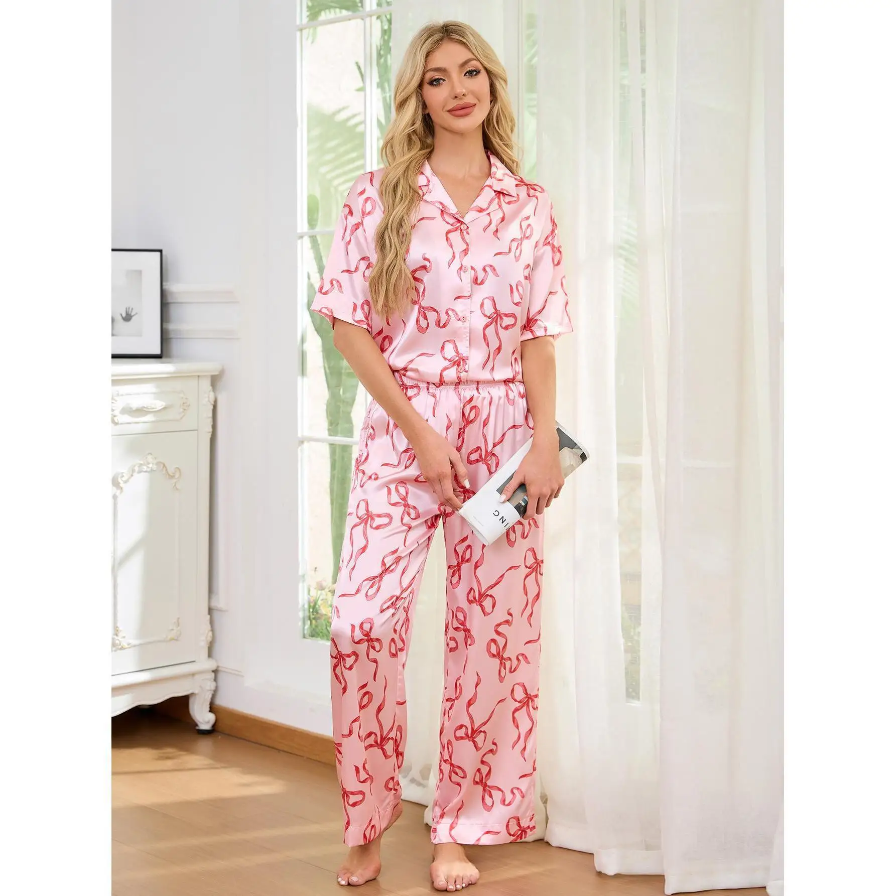 Light Luxury Pajamas Women Spring and Autumn Ice Silk Short-sleeved Shirt Trousers Suit Home Clothes Pajamas for Women