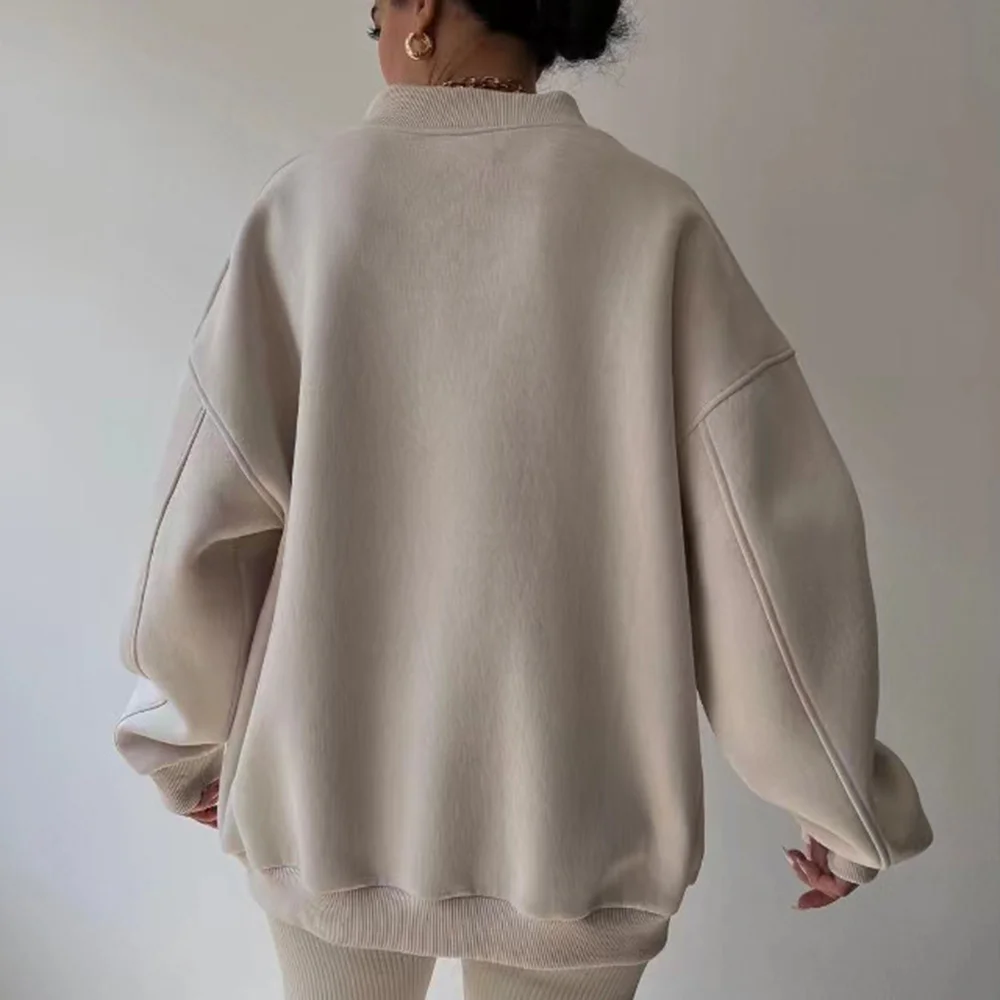 Oversize womens V-neck hoodie, 2024 autumn winter warm solid color casual loose pullover long sleeved tops