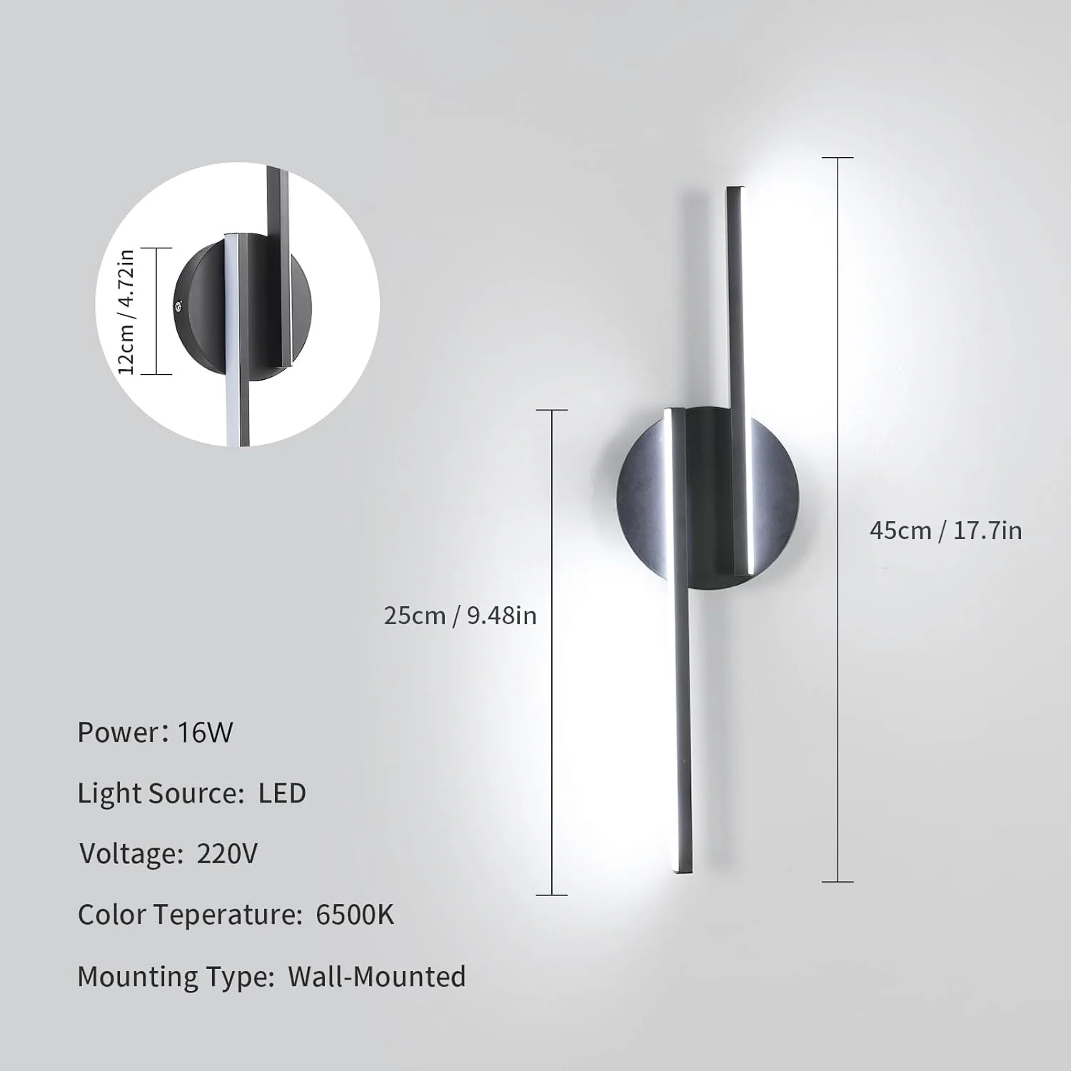 Schwarze LED-Innenwandleuchte, 16 W moderne Wandleuchte, schwarze Beleuchtung, LED-Wandleuchte für Schlafzimmer, Wohnzimmer, Flur, Treppen – Detail 1