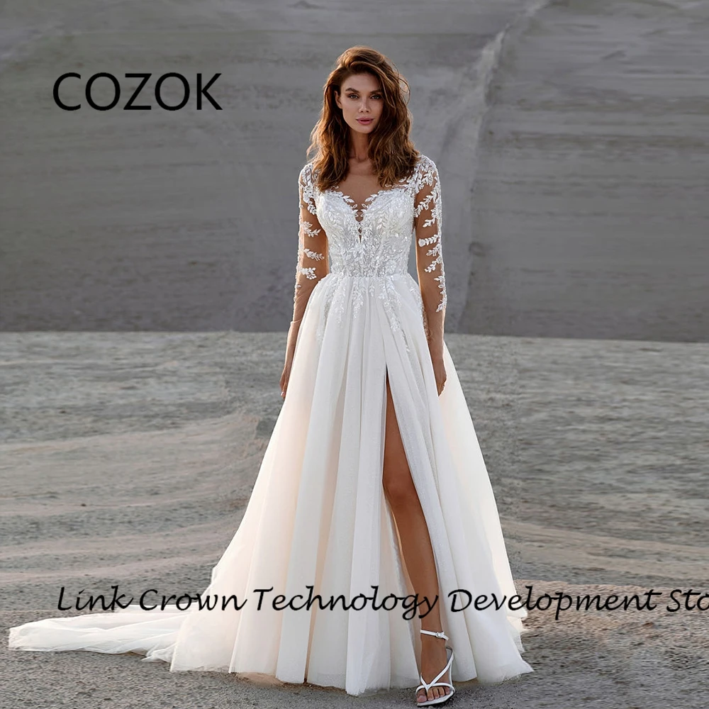 

COZOK Ivory Wedding Dresses for Princess Side Slit Full Sleeve Strapless Bridal Gowns with Beading 2024 Summer Vestidos De Novia