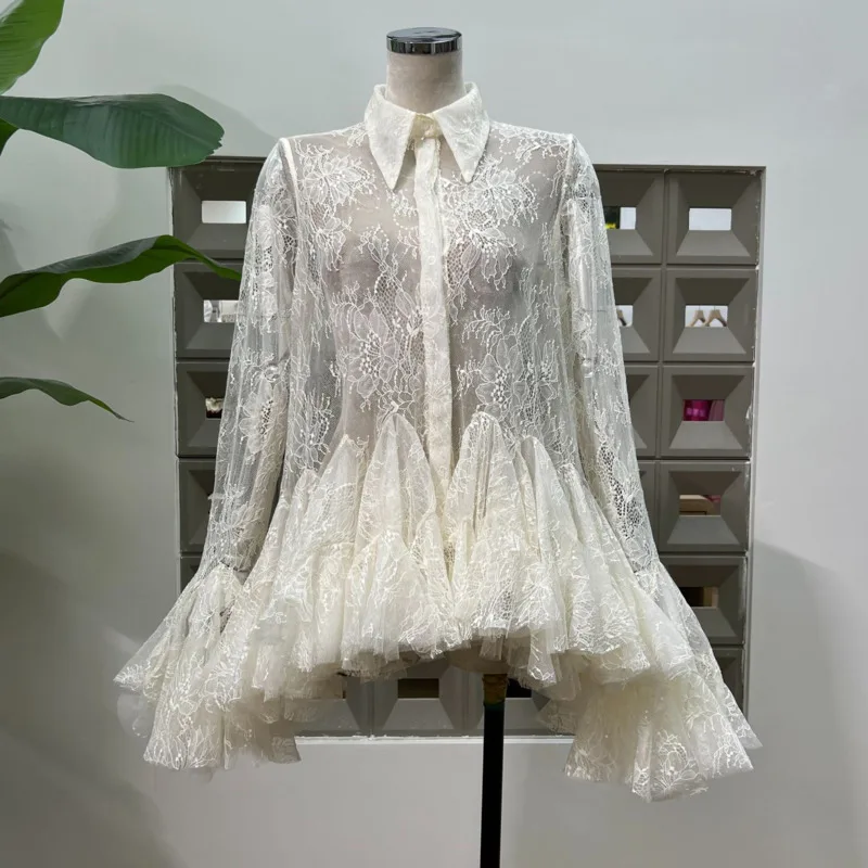 QMQA Fashion Women's Sheer Splice Ruffles Lace Mini Dress Beaded Lace Lapel Petal Flared Long Sleeve Elegant Shirt Dresses QM831