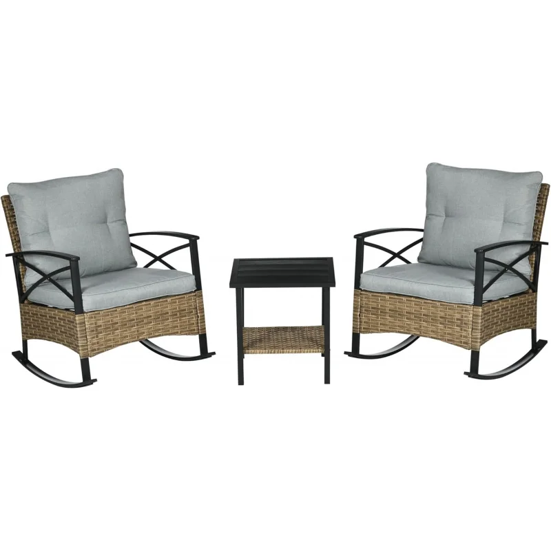 

Light Gray 3-Piece Patio Rocking Chair Set – Wicker Bistro with 2 Cushioned Rockers & 2-Tier Table Garden